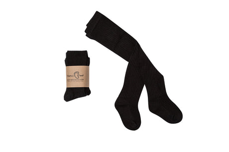 Zwarte Maillot Classic van Mama's Feet met ribstructuur, uitgevouwen en opgevouwen met een papieren wikkel.