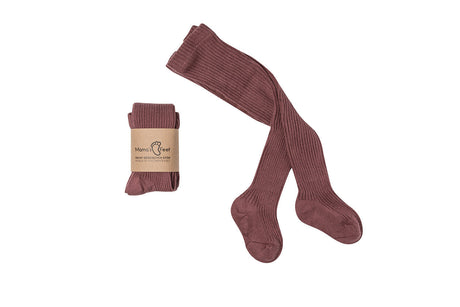 Geribde maillot Classic in Blueberry van Mama's Feet, uitgevouwen en opgevouwen met papieren wikkel.