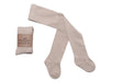 Beige maillot Josephine van Mama's Feet met fijn patroon aan de zijkant, naast een opgevouwen exemplaar met wikkel.