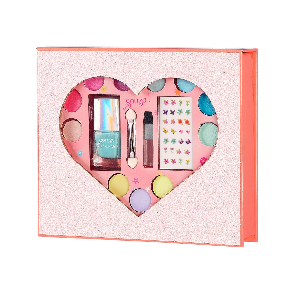 Souza make-upgeschenkset in roze doos met hartvormig venster, gekleurde make-up, nagellak en stickers