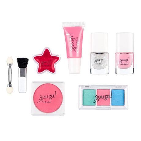 Inhoud van de Souza make-upset Kasteel met roze en zilverkleurige nagellak, lipgloss, blush, oogschaduw en kwastjes.