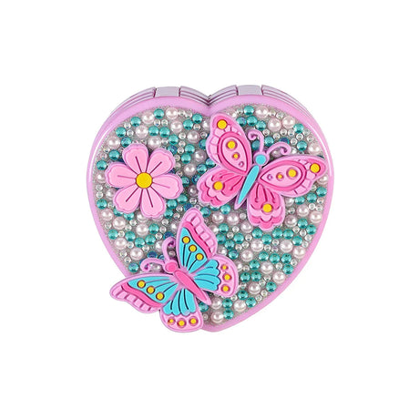Gesloten hartvormige make-up set Beauty van Souza met roze rand, glanzende kraaltjes, vlinders en een bloem