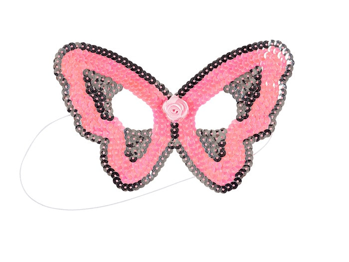 Roze kindermasker in vlindervorm met roze en donkere pailletten, een roosje in het midden en een wit elastiek.