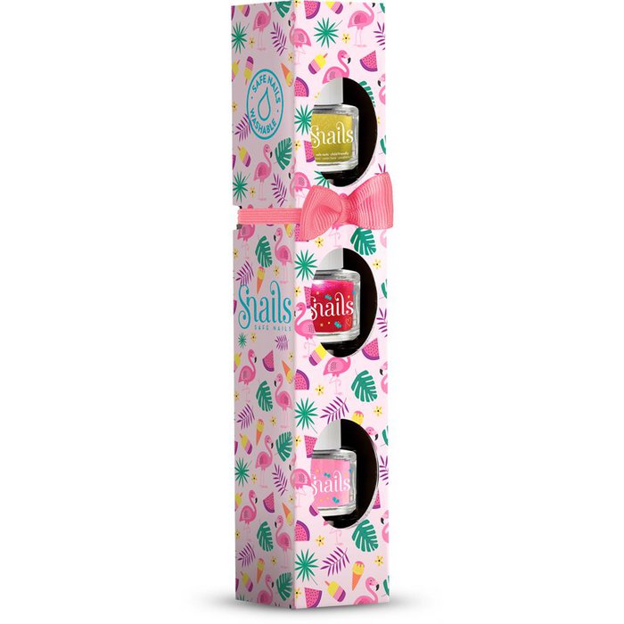 Mini Pack Flamingo met drie flesjes nagellak in geelgroen, rood en roze, in flamingoverpakking met roze strik.