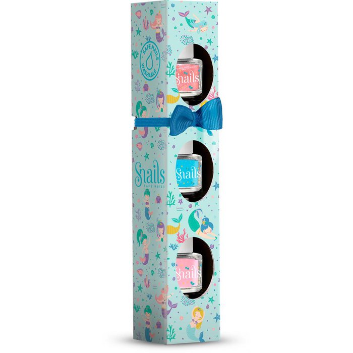 Snails nagellakset met drie flesjes in roze, blauw en lichtroze, in een zeemeerminverpakking met blauwe strik.