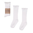 Witte Mono Baby kniekousen van Mama's Feet met ribstructuur en kanten randje, los en met papieren wikkel.