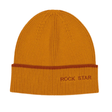 Mosterdkleurige Rock Star muts met omgeslagen boord, caramelkleurig randje en borduursel op een witte achtergrond.