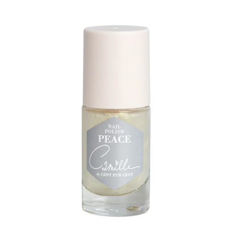 Camille Peace nagellak met lichtgouden glinstering in een doorzichtig flesje met witte dop.
