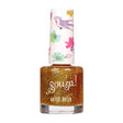Flesje transparante nagellak met gouden glitters en een witte dop met kleurrijke bloemen en een vogel.