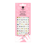 Happy Nails nagelstickers in roze verpakking met kleurrijke figuurtjes en getekende handen.