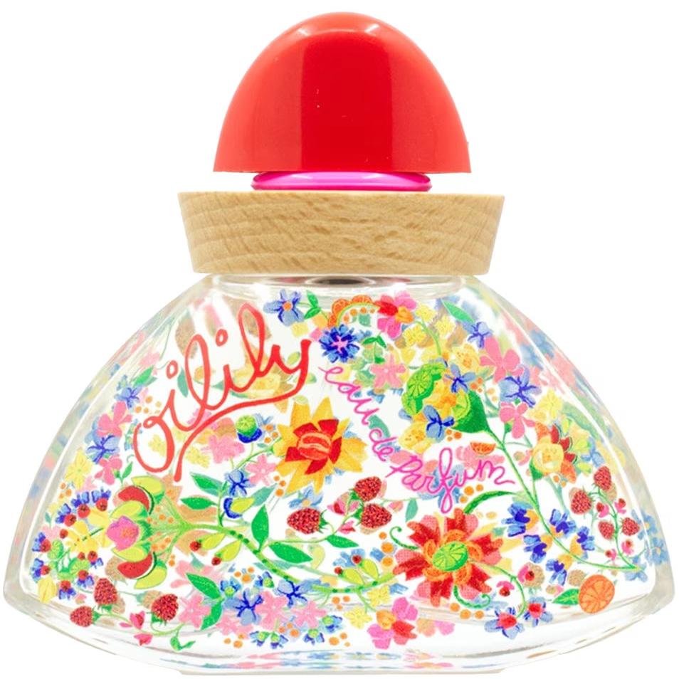Oilily Classic eau de parfum 30 ml in een flacon met kleurrijke bloemen, rode dop en houtkleurige hals