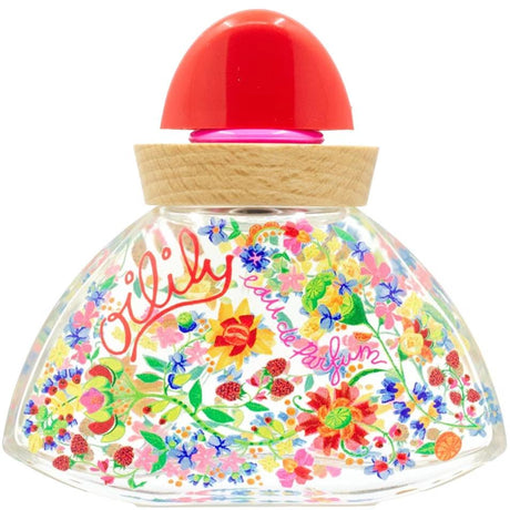 Oilily Classic eau de parfum 30 ml in een flacon met kleurrijke bloemen, rode dop en houtkleurige hals
