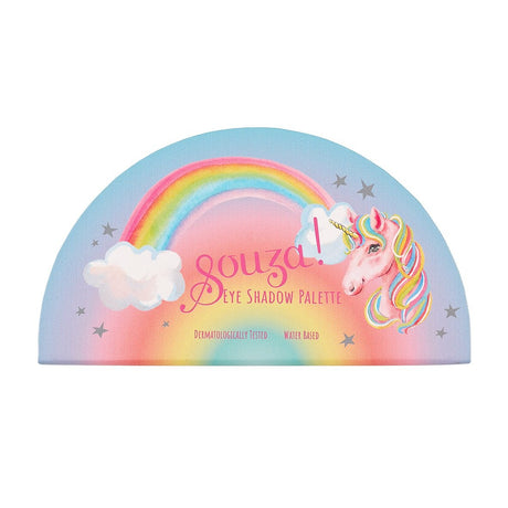 Voorkant van het Souza oogschaduwpalet met een eenhoorn, regenboog en sterren in pastelkleuren.