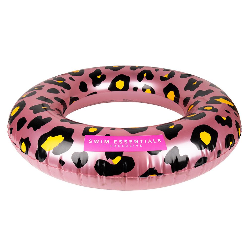 Roségouden panterprint zwemband schuin van voren, met het Swim Essentials-logo op de voorkant