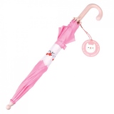 Opgevouwen roze Cookie The Cat paraplu met gebogen handvat en kattenprint.