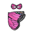 Roze vlindervleugels met zwarte randen en witte stippen, met een bijpassend roze-zwart vlindermasker.