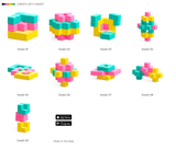 Negen kleurrijke bouwvoorbeelden met Pixio Sweet magnetische blokjes in turquoise, roze en geel.
