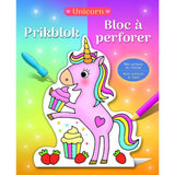Voorkant van Prikblok Unicorn met een roze eenhoorn, cupcakes en aardbeien op een regenboogkleurige achtergrond.