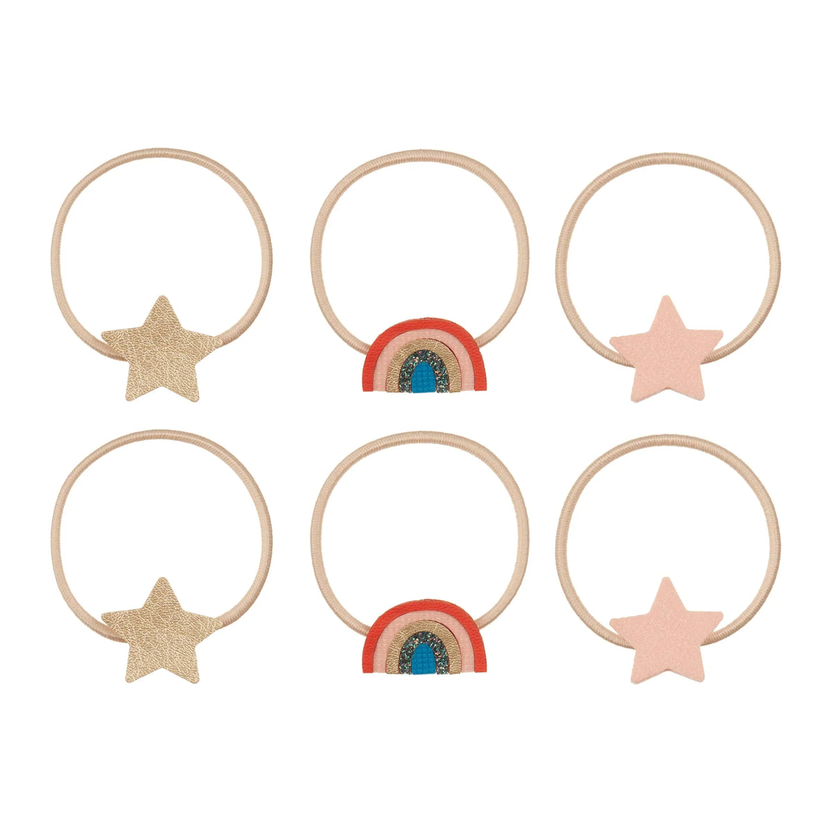 Zes beige haarelastiekjes van Mimi & Lula met twee regenbogen, twee goudkleurige sterren en twee roze sterren.