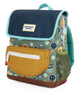 Smiley rugzak met groene print, donkerblauwe klep, turquoise randen en okergeel voorvak.
