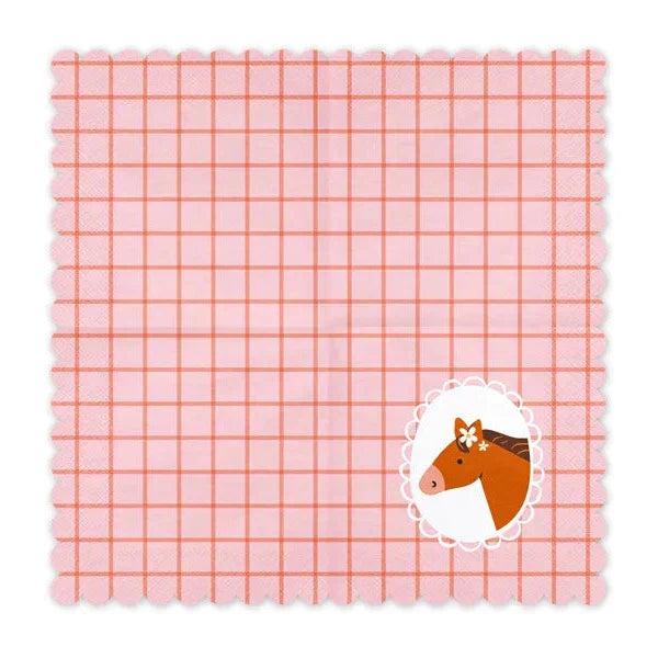 Roze servet met oranje ruitpatroon, geschulpte rand en een paardenhoofd in een wit ovaal.