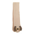 Beige gebreide Puppy-sjaal met hondengezichtje, bruine oortjes, zwarte neus en roze tong.