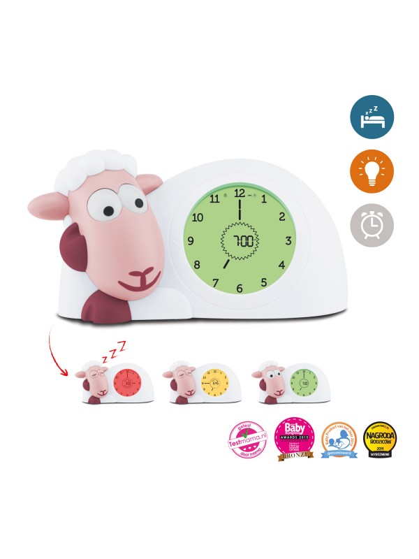 Roze slaaptrainer Sam met groene wijzerplaat, met daaronder de rode, gele en groene standen.