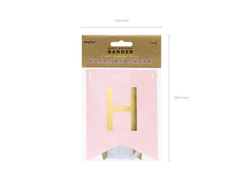 Roze Happy Birthday-slinger in de verpakking, met een gouden H op het voorste vlaggetje.