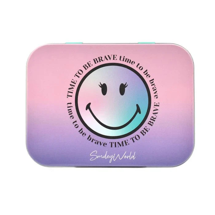 Roze-paars metalen doosje voor Smiley World glitterpleisters, met grote smiley en tekst 'Time to be brave'.