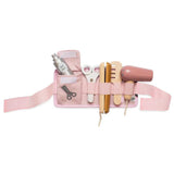 Roze kappersspeelset met verstelbare riem, föhn, kam, stijltang, schaar en flesje haarlak.