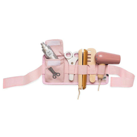 Roze kappersspeelset met verstelbare riem, föhn, kam, stijltang, schaar en flesje haarlak.