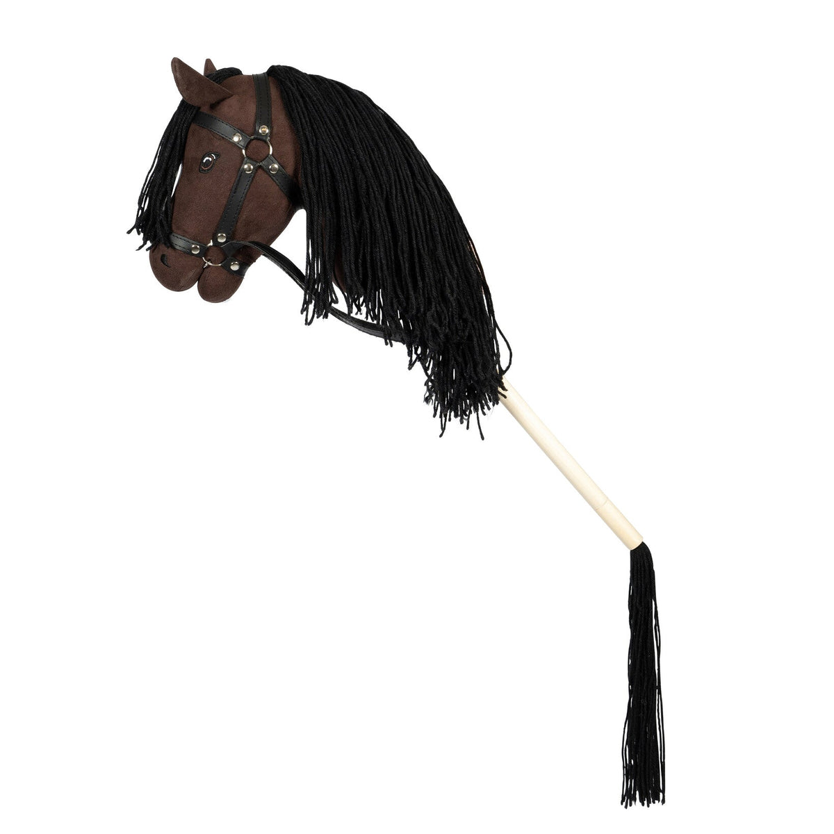 Bruin stokpaardje met lange zwarte manen en zwart hoofdstel, met een zwarte staart aan het uiteinde van de stok.