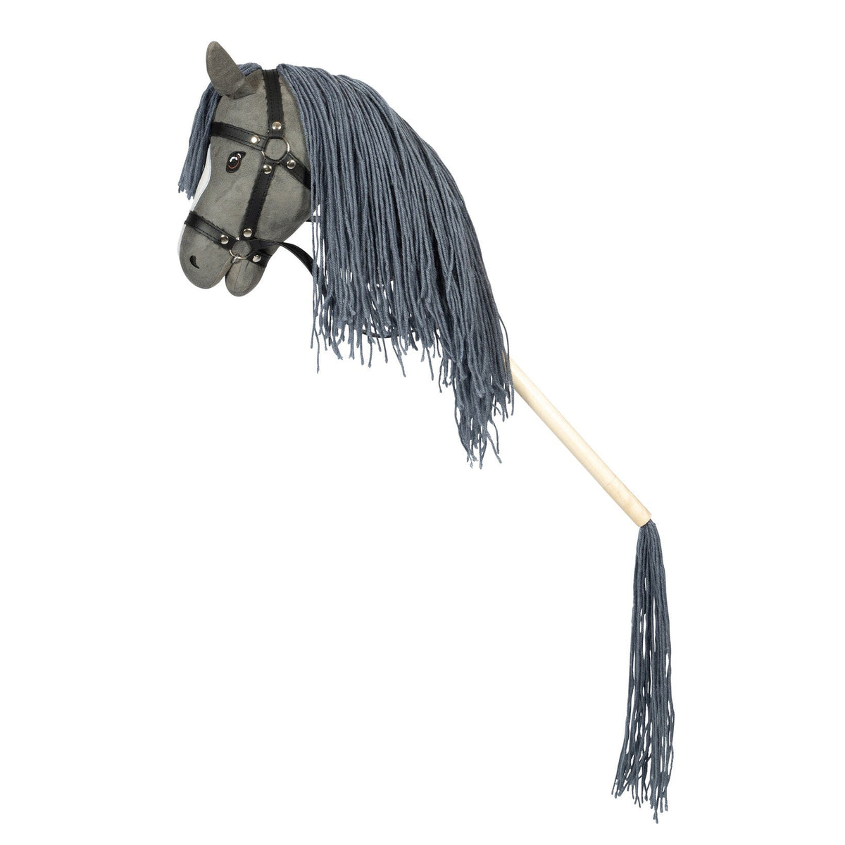 Grijs stokpaardje met lange manen, zwart hoofdstel en donkergrijze staart aan het uiteinde van de stok.