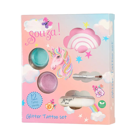 Eenhoorn glittertattooset in een roze verpakking met eenhoorn, regenboog en zichtbare glitterpotjes, lijm en borsteltje.
