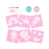 Eenhoorn tattooset met zes roze sjablonen, turquoise en roze glitter, lijm en een aanbrengborsteltje.