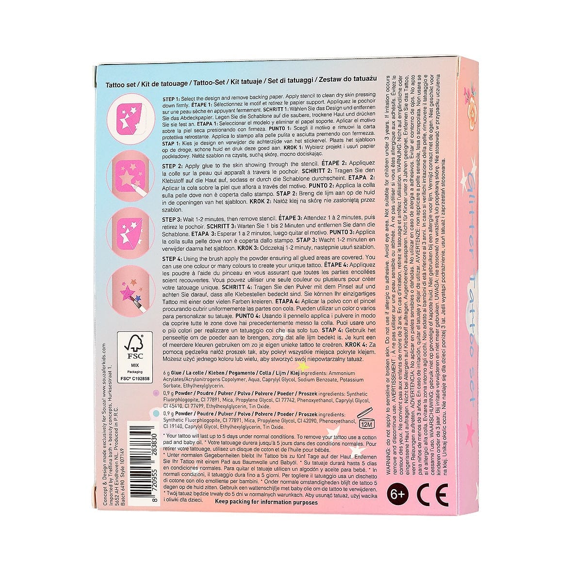 Achterkant van de verpakking van de eenhoorn tattooset met gebruiksinstructies en illustraties voor het aanbrengen.