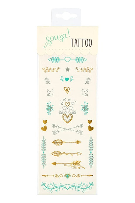 Souza tijdelijke tattoos met hartjes, pijlen, vogels en sierlijke motieven in goudkleur en turquoise op een vel.