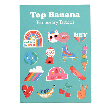 Turquoise verpakking van Top Banana kindertattoos met kleurrijke figuren zoals een regenboog, kat en rolschaats