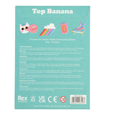 Achterkant van de turquoise Top Banana verpakking met instructies, ingrediënten en waarschuwingen
