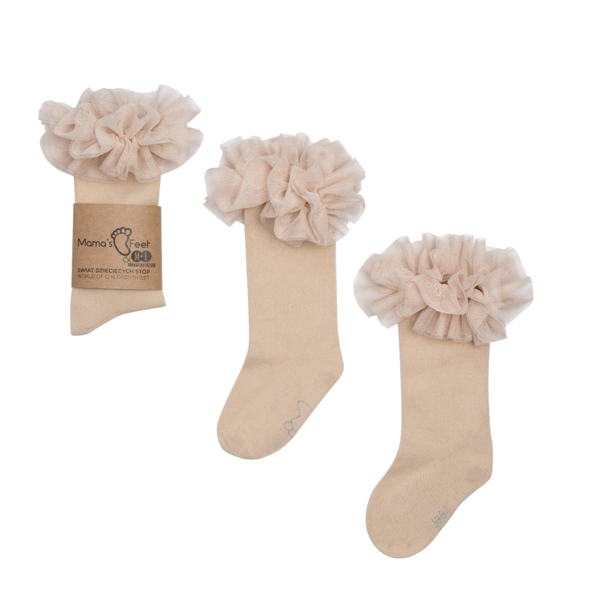 Beige tutu kniekousen van Mama's Feet met ruches aan de bovenkant, los en met verpakking op een witte achtergrond.