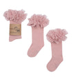 Oudroze tutu kniekousen van Mama's Feet met brede ruches aan de bovenkant, los en met verpakking.