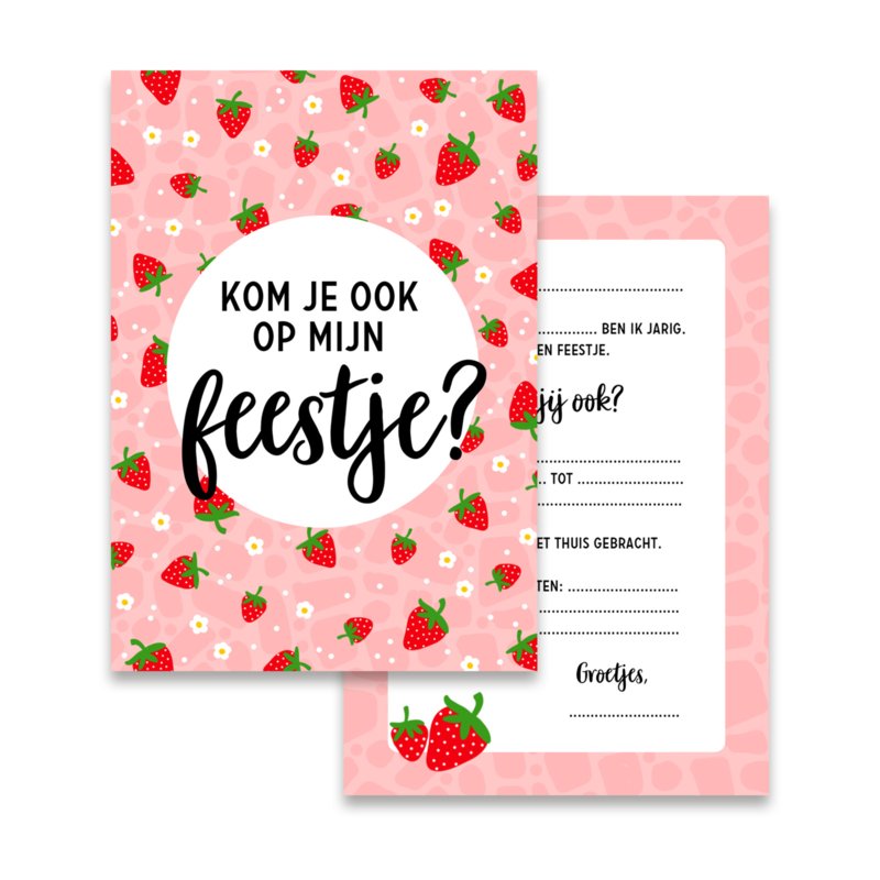 Roze verjaardagsuitnodiging met aardbeien, witte bloemetjes en de tekst 'Kom je ook op mijn feestje?', met achterzijde.