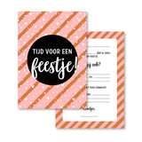 Roze uitnodiging voor een verjaardagsfeest met witte hartjes, oranje strepen en een zwarte cirkel met feesttekst.