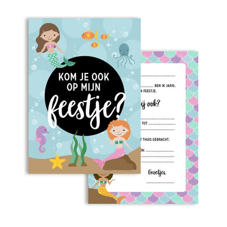 Voorzijde van de verjaardagsuitnodiging met zeemeerminnen, zeedieren en 'Kom je ook op mijn feestje?', met achterzijde erachter.