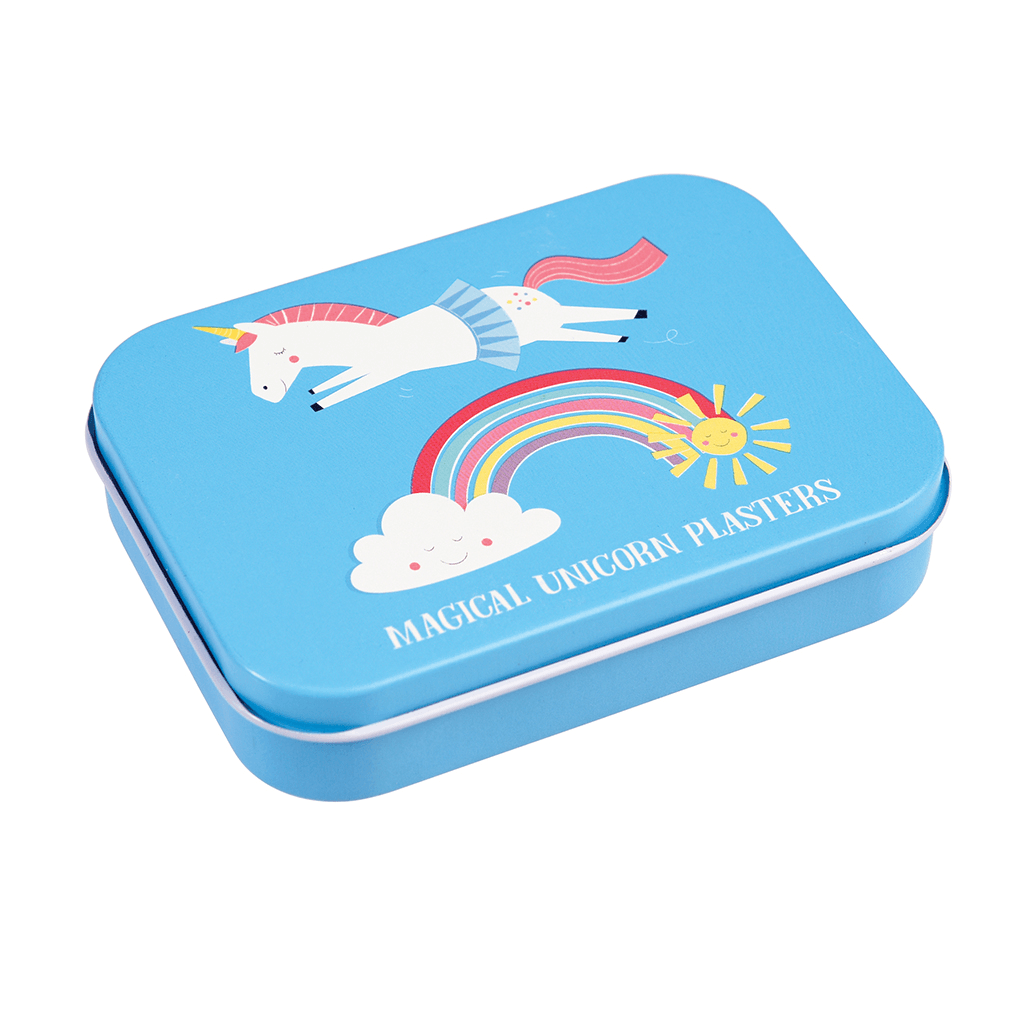Gesloten blauw pleisterblik met een witte eenhoorn, regenboog, wolk en gele zon op het deksel.