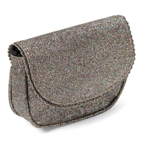 Urfa schoudertas van Le Big met meerkleurige glitters op een zwarte ondergrond en een afgeronde flap.