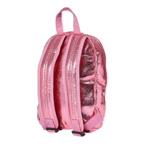 Achterkant van de glanzend roze Walker rugtas in Dawn Pink met verstelbare schouderbanden en handvat.