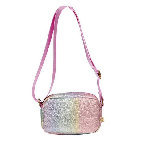 Zaza Bag Rainbow glittertas in regenboogkleuren, van voren met lange, verstelbare roze schouderband.