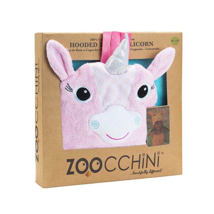 Zoocchini Allie the Alicorn badcape in kartonnen geschenkdoos met de roze eenhoorncapuchon zichtbaar.