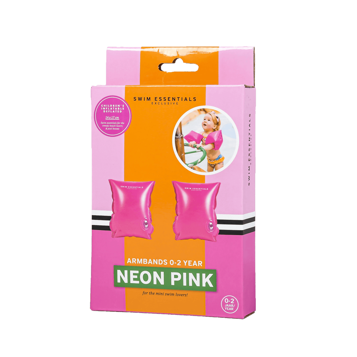 Roze en oranje verpakking van de neonroze zwembandjes voor 0-2 jaar, met productfoto's op de voorkant.